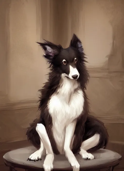 Image similar to wide angle beautiful full body portrait of a cute male anthropomorphic anthro border collie fursona sitting in a parlor room, character design by charlie bowater, henry asencio, and ross tran, disney, scenic background, detailed, aesthetic, trending on artstation, furaffinity, deviantart