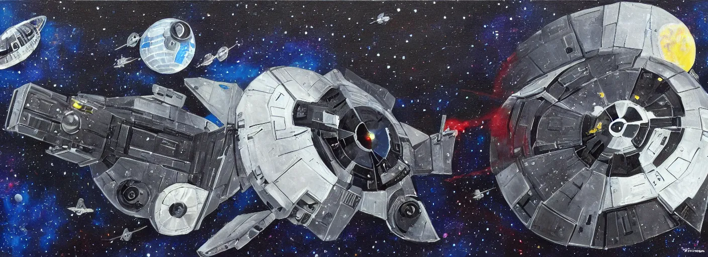 Image similar to thomas the tank engine tie fighter, space, sci fi painting