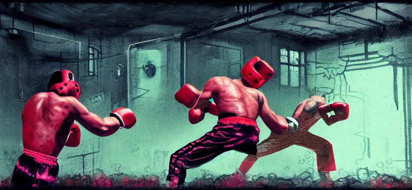 Image similar to handmade illustration of a violent boxing match in an industrial room, line art, octane render with volumetric lighting, architectural illustration by cedric peyraavernay, waste processing machinery, bladerunner, green and red radioactive swamp, by Remedios Varo and Anato Finnstark and Greg Rutkowski, dayglo pink, dayglo blue, dazzle camouflage, 8k, trending on ArtStation