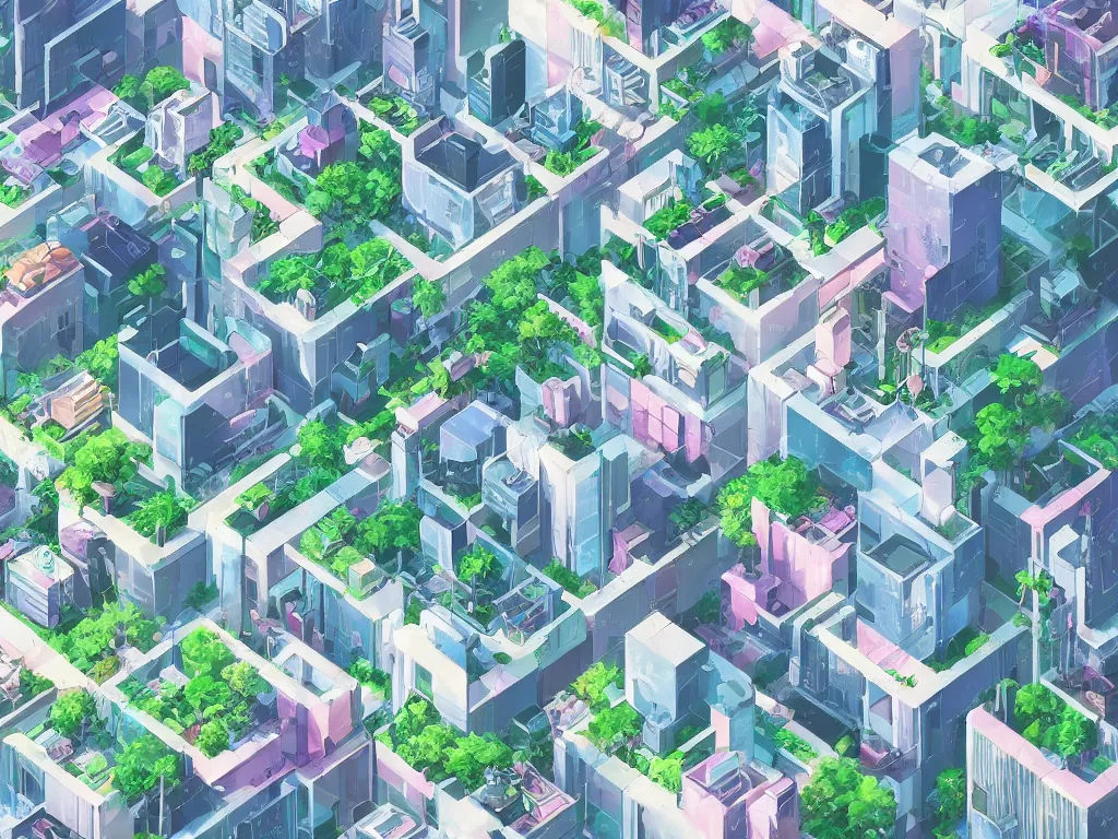 Prompt: futuristic city, lush vegetation, humid, early evening, diagonal view, geometric buildings, cloudy, beautiful, dull pastel colors, realistic, foggy, dreamy, nostalgic, bright, studio ghibli style