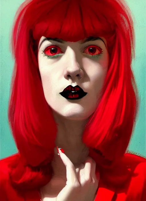 Image similar to portrait of a woman with a crooked nose and a confident expression, 1 9 6 0 s, red clothes, goth, punk, brightly coloured hair, funk, intricate, elegant, highly detailed, digital painting, artstation, concept art, smooth, sharp focus, illustration, art by wlop, mars ravelo and greg rutkowski