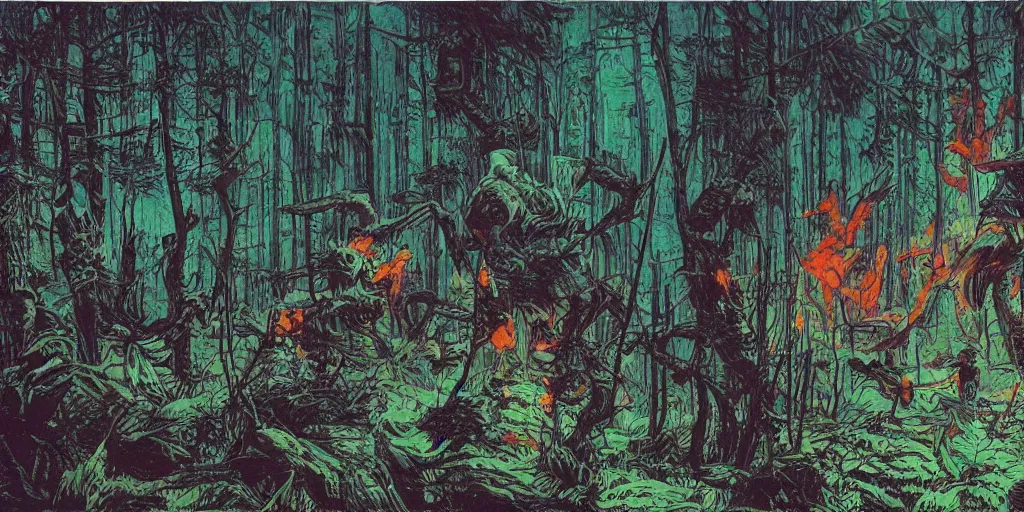 Prompt: a close - up grainy risograph, painting of a scene from the horizon zero dawn, machine monsters, dense forest, dragonflies, fire, fog by moebius and kim jung gi and druillet