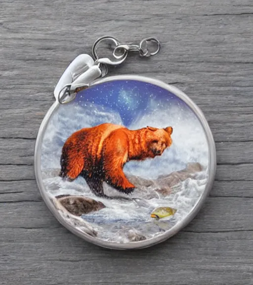 Image similar to keychain of a realistic bear eating a salmon under the northern lights