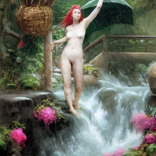 Image similar to monsoon on tropical island, endowed oriental goddess in white, elegant, frontal, ornate, beautiful, atmosphere, vibe, mist, coconuts, rain, wet, pristine, puddles, melting, dripping, snow, creek, lush, ice, bridge, forest, roses, flowers, by stanley artgerm lau, greg rutkowski, francisco de goya