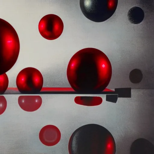 Prompt: chrome spheres on a red cube by yves tanguy