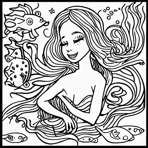 Prompt: A mermaid in the sea surrounded by some fishes, Coloring for toddlers, Outline with high quality