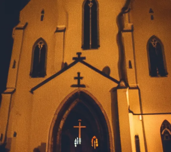 Image similar to Ghost standing in front of a church during in the night f1.8 anamorphic, bokeh, 4k, Kodachrome k135