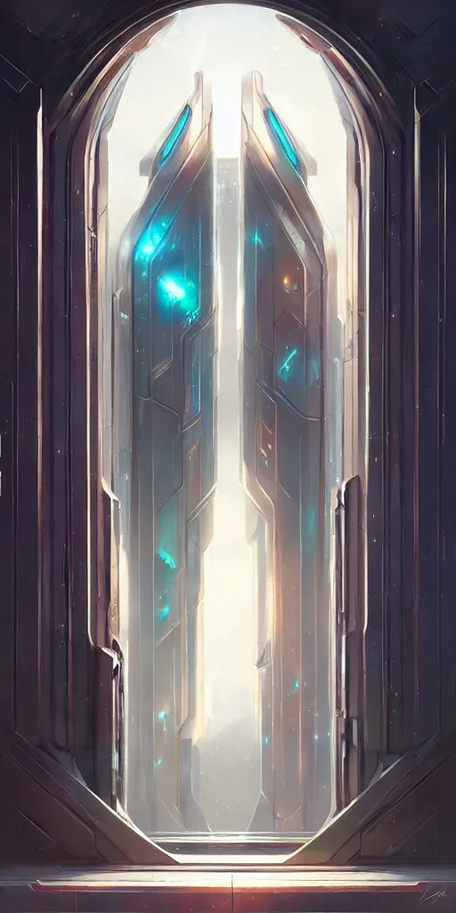 Image similar to hyper realistic art - deco sci - fi double door by jordan grimmer, darek zabrocki