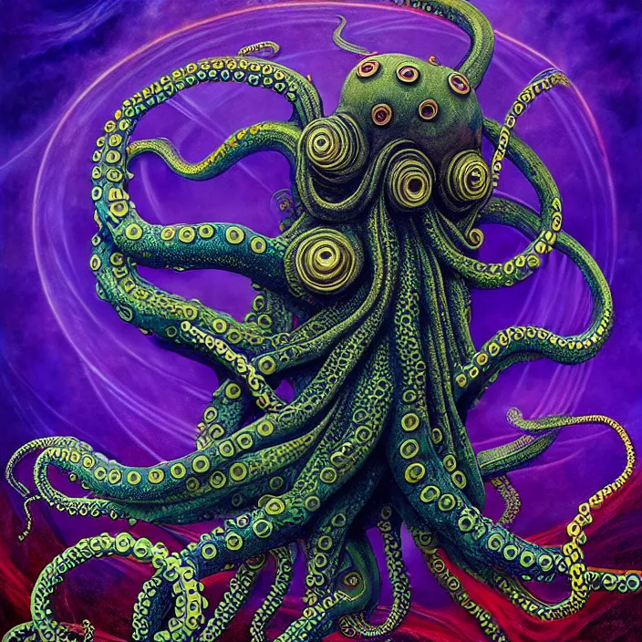 Image similar to depicting an octopus wrapping its tentacles around an ocean liner, in the style of h. p. lovecraft, exuberant organic elegant forms, by karol bak and filip hodas : : 1. 4 purple, red, blue, green, black intricate mandala explosions : : intuit art : : turbulent water backdrop : : damask wallpaper : : atmospheric