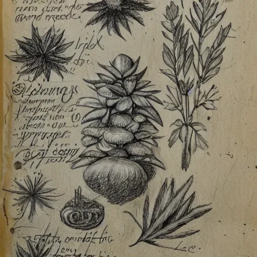 Prompt: an ancient drawing from a herbalist journal showing strange herbs, pencil, notes, old paper, heavy details.