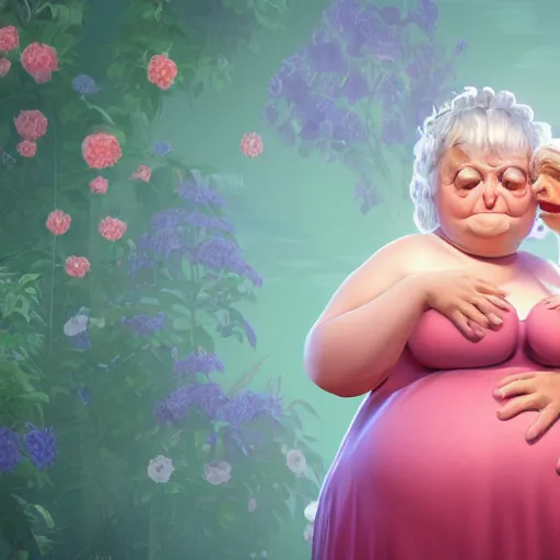 Image similar to of a very funny scene. ambient occlusion render. a sweet fat old woman is in kissing her huge belly. flowery dress. mirror. symmetrical face, red mouth, blue eyes. deep focus, lovely scene. ambient occlusion render. concept art. unreal engine.