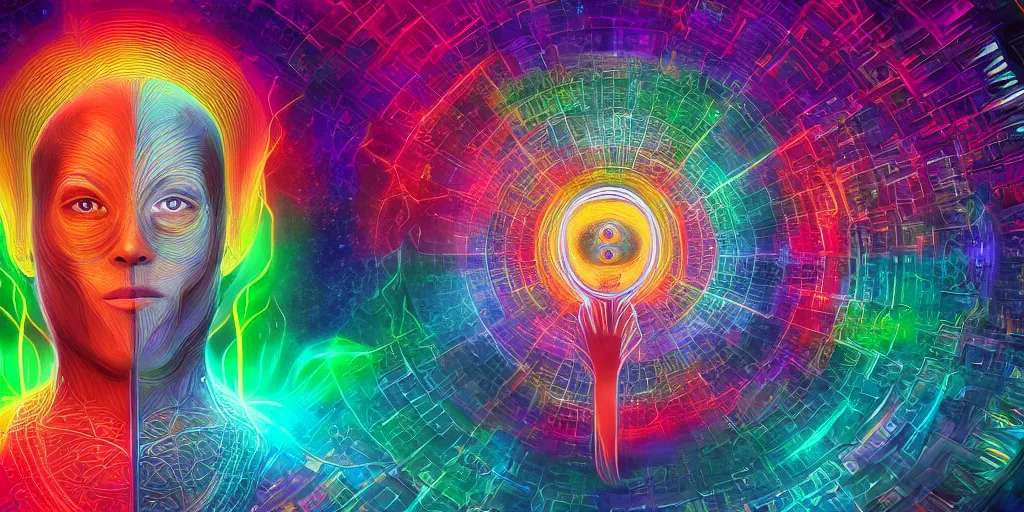 Prompt: transcendence into collaborative intelligence, endless collaboration with ai, connectedness, body, by alex grey, album cover, award winning, beautiful, colorful, volumetric lighting, trending on artstation, cinematic