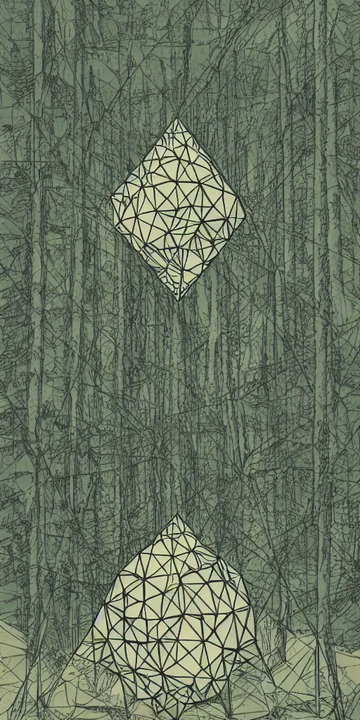 Prompt: a geometric icosahedron temple in the woods, 1940s faded risograph print, illustration, limited color palette, earthtones, double-exposure