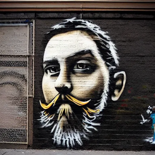 Prompt: banksy bearded graffiti, real life, sharp focus