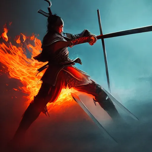 Prompt: a samurai wielding his sword in flames, epic fantasy art, cinematic atmosphere, action, high detail, ultra realistic, hyper realistic, photo realistic, trending on artstation, deviantart, 4 k uhd,