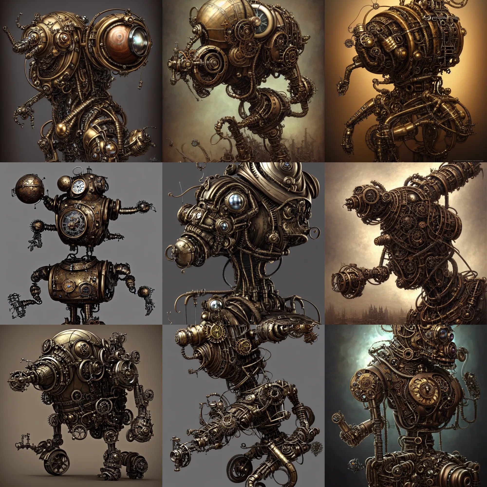 Prompt: steampunk robot abomination 3 d model, unreal engine realistic render, 8 k, micro detail, intricate, elegant, highly detailed, centered, digital painting, artstation, smooth, sharp focus, illustration, artgerm, tomasz alen kopera, peter mohrbacher, donato giancola, joseph christian leyendecker, wlop, boris vallejo