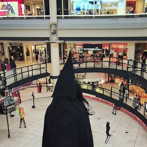 Prompt: security camera footage of a witch performing a complex ritual in the middle of a mall, eerie light