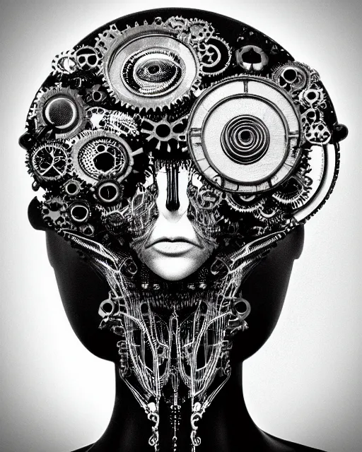 Image similar to black and white dreamy foggy profile face portrait, one steampunk eye biomechanical beautiful young female cyclope - cyborg - robot bust, body ribs meshes,, volumetric light, hibiscus flowers, by hg giger, rim light, by dora maar and cecile beaton, big gothic fashion pearl embroidered collar, 8 k