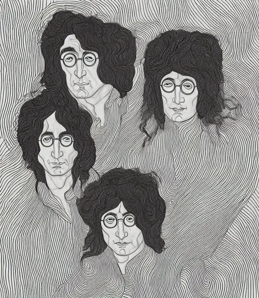 Prompt: elegant intricate line art portrait of john lennon and yoko ono. inspired by egon schiele. contour lines, graphic musicality, twirls, curls, curves, strong confident personality, staring at the viewer