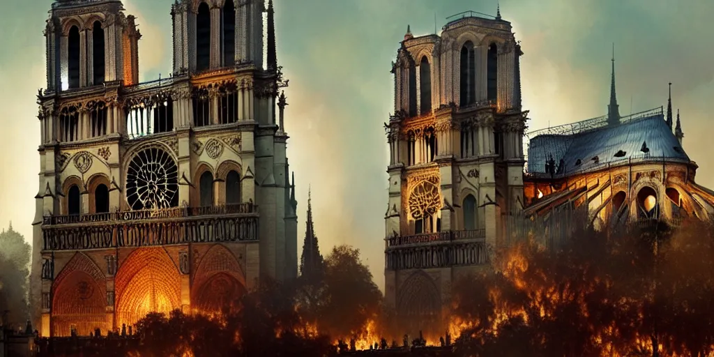 Prompt: Notre dame burning and crumbling, by Andreas Rocha + Ted Nasmith, dark, cinematic lighting, masterpiece, highly detailed, 8k resolution, trending on art station