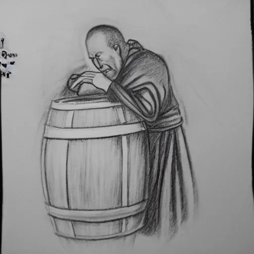 Prompt: pencil sketch of a pleased monk sipping mead next to a barrel