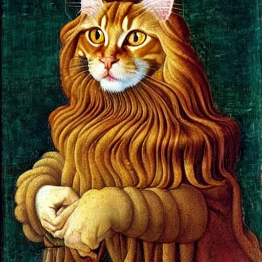 Image similar to beautiful renaissance painting portrait of ginger maine coon by sandro botticelli, jan van eyck, tiziano vecelli, piero della francesca