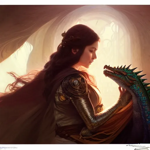 Image similar to Portrait of female sorcerer and her pet dragon, epic dark fantasy, medium shot, intricate, elegant, highly detailed, digital painting, artstation, concept art, smooth, sharp focus, illustration, art by artgerm and greg rutkowski and alphonse mucha