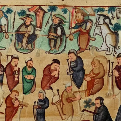 Image similar to a bunch of lads having some beers medieval scroll painting