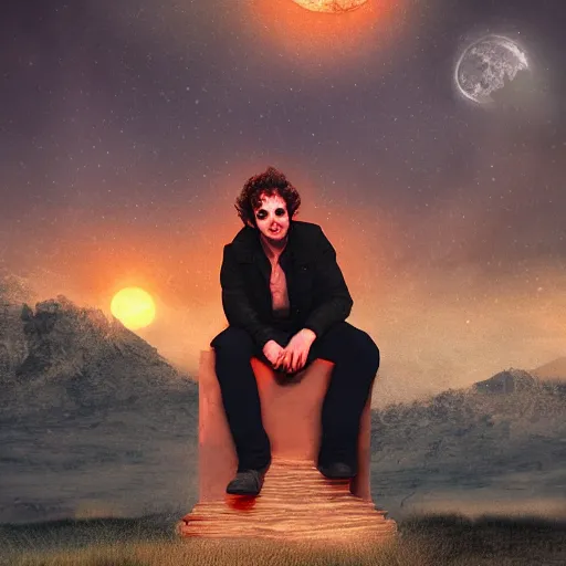 Prompt: gustavo cerati sitting on the red moon, digital art, matte painting, highly detailed,