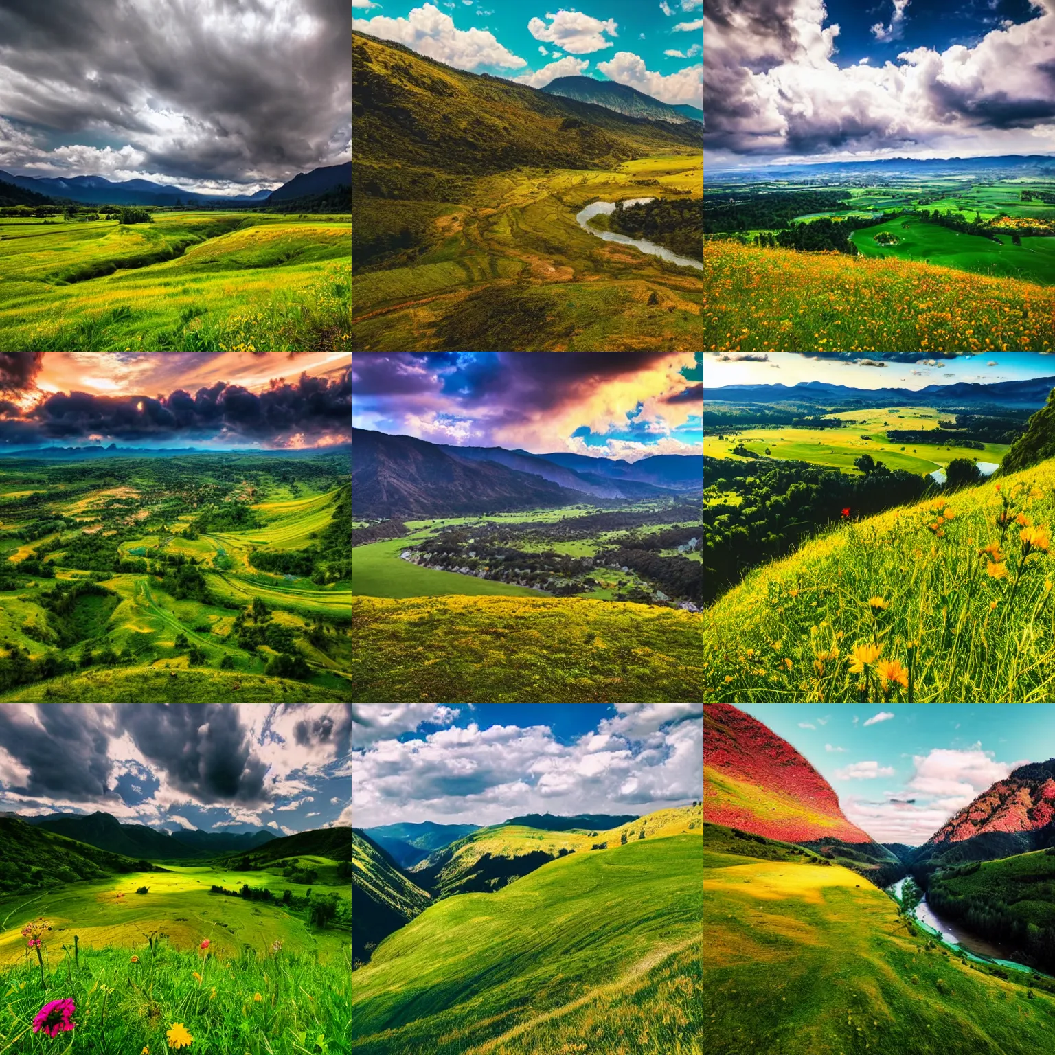 Prompt: a wide angle photograph of a huge valley, there are meadows full of colourful flowers, green grass, forests, rivers, clouds in the sky, intricate detail, cinematic lighting, DSLR