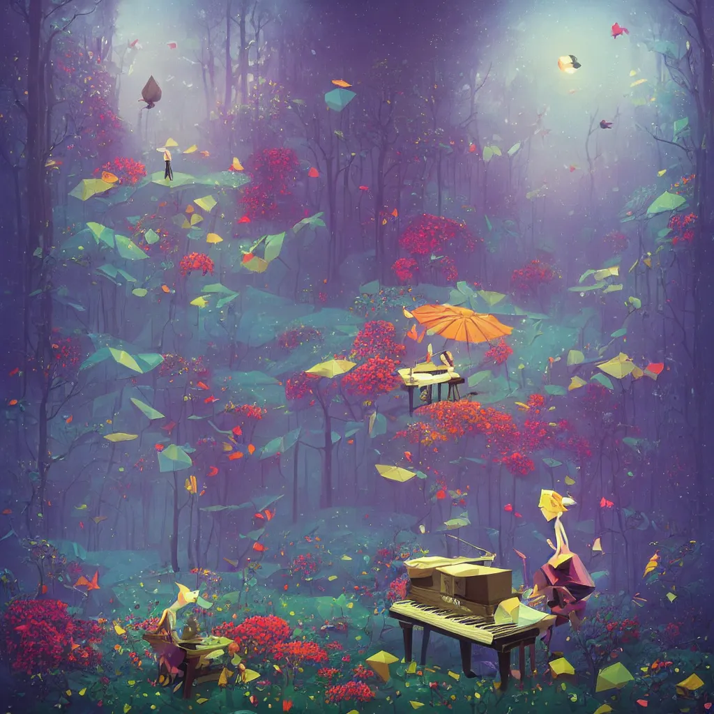 Image similar to low poly, pixar, la pianista Elesky tocando su piano en un surreal hybrid animals, nostalgia for a fairytale, magic realism, flowerpunk, mysterious vivid colors by andy kehoe and amanda clarke en un mundo de Gediminas Pranckevicius