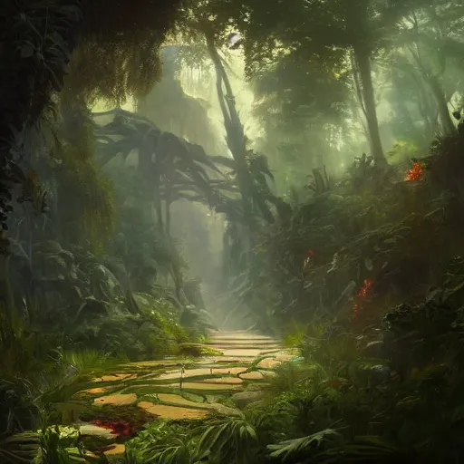 Prompt: concept art of a jungle path leading to tree of life, religious, in the style of fenghua zhong and ruan jia and jeremy lipking and peter mohrbacher, mystical colors, rim light, beautiful lighting, 8 k, stunning scene, raytracing, octane, trending on artstation