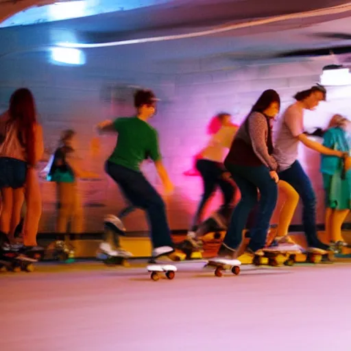 Prompt: people roller skating in a dimly lit roller rink made of cheese