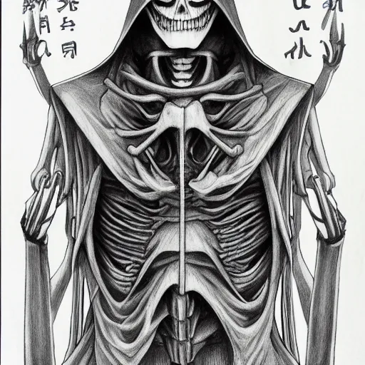 Prompt: A anime still of a grim reaper by Takeshi Obata, skeleton face symmetrical face,pencil art on paper