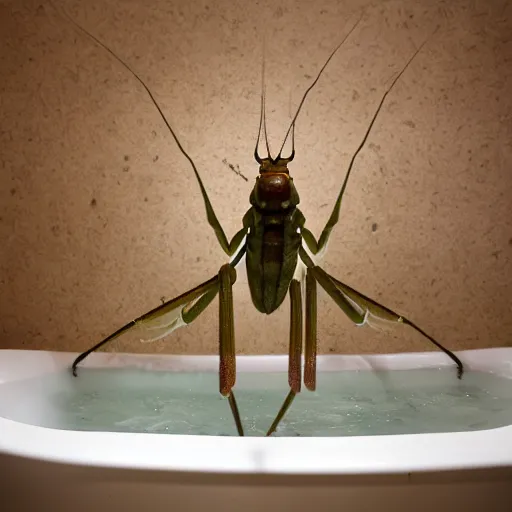 Prompt: cinematic photo of a giant taxidermized praying mantis in a bathtub