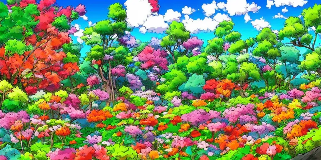 Prompt: a !!!!beautiful landscape of multi coloured flowers, trees and bushes. Anime style.