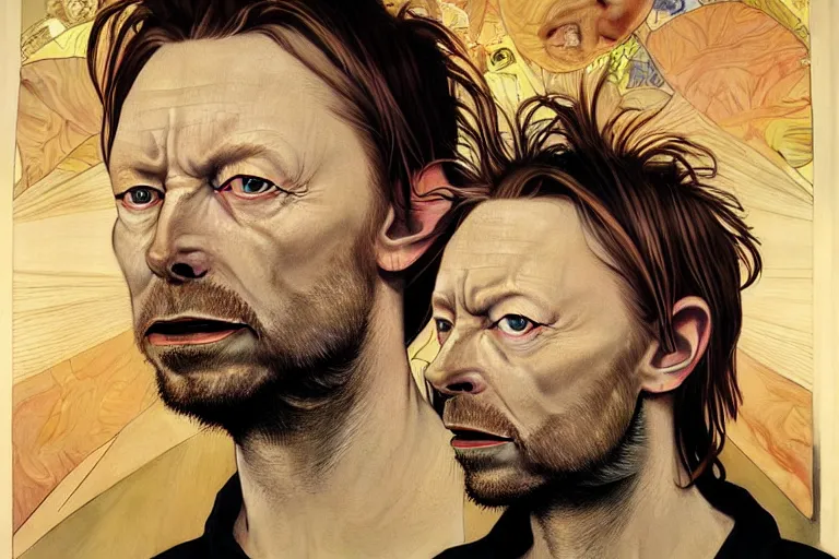 Prompt: hyper realistic portrait of thom yorke mixed with david bowie, bigger forehead, bigger chin, from the side, by lee bermejo, alphonse mucha and greg rutkowski