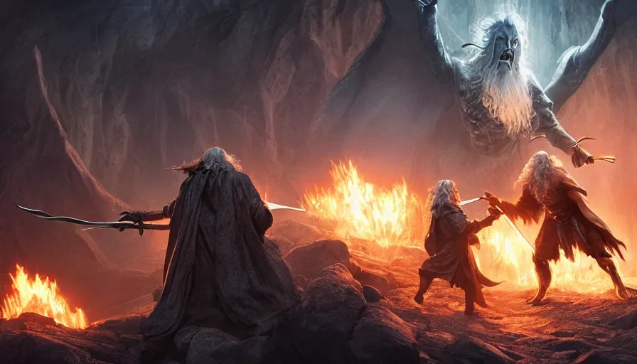 Image similar to Gandalf fighting the Balrog in epic battle on the bridge of Khazad-dûm in Moria, cinematic, filmic, artstation, atmospheric, award-winning