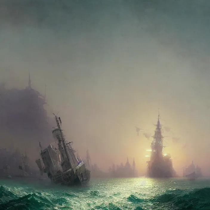 Prompt: a beautiful painting of a cyberpunk city on the sea by ivan aivazovsky and greg rutkowski and james gurney and frank lloyd and sung choi, in style of impressionnisme. hyper detailed, sharp focus, soft light. unreal engine 5 lumen. ray tracing. trending on artstation. oil on canvas