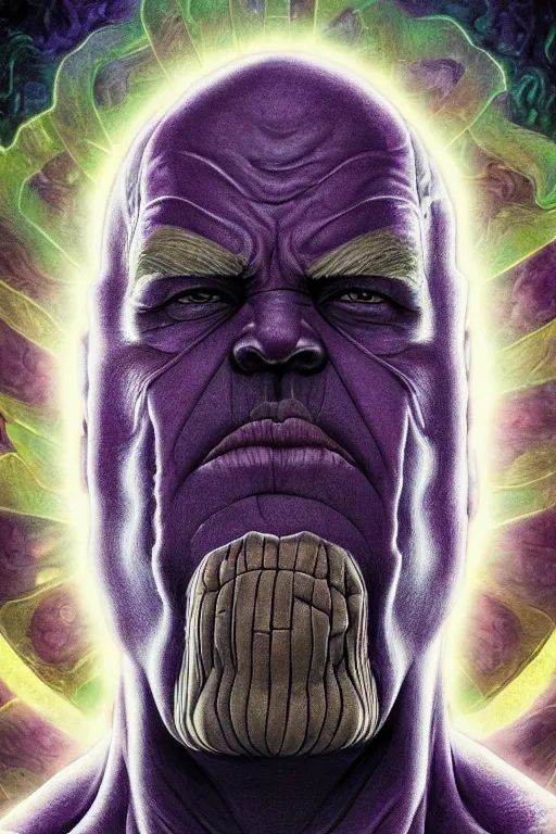 Prompt: cinematic portrait of Thanos. Centered, uncut, unzoom, symmetry. charachter illustration. Dmt entity manifestation. Surreal render, ultra realistic, zenith view. Made by hakan hisim feat cameron gray and alex grey. Polished. Inspired by patricio clarey, heidi taillefer scifi painter glenn brown. Slightly Decorated with Sacred geometry and fractals. Extremely ornated. artstation, cgsociety, unreal engine, ray tracing, detailed illustration, hd, 4k, digital art, overdetailed art. Intricate omnious visionary concept art, shamanic arts ayahuasca trip illustration. Extremely psychedelic. Dslr, tiltshift, dof.  64megapixel. complementing colors. Remixed  by lyzergium.art feat binx.ly and machine.delusions. zerg aesthetics. Trending on artstation, deviantart