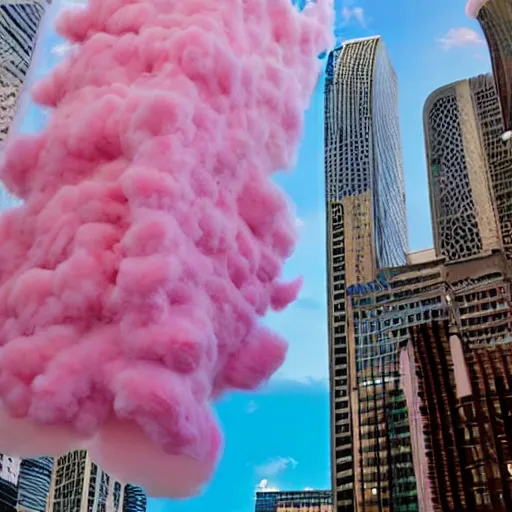 Prompt: a skyscraper overflowing with cotton candy, very inflated, realistic photo