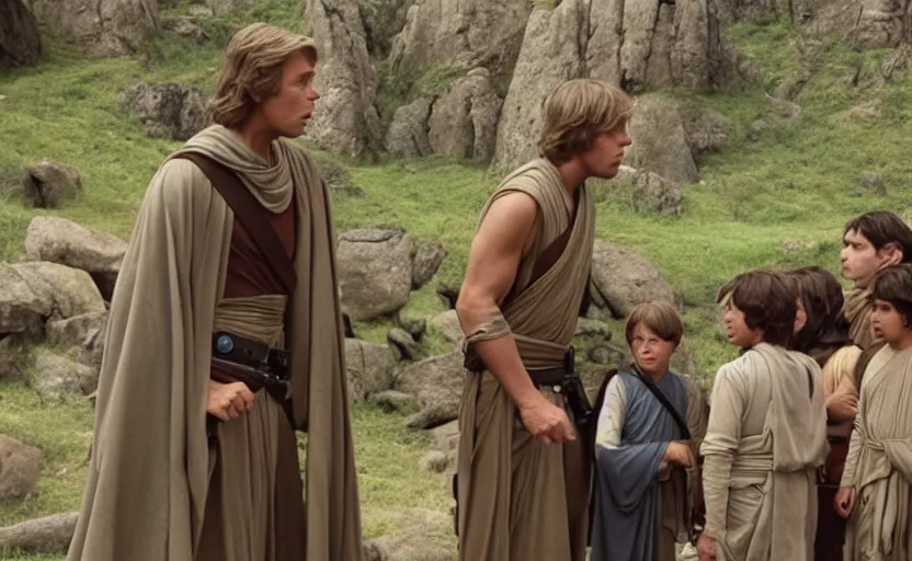 Prompt: screenshot of Luke Skywalker teaching a close of young padawans outside a rocky Jedi Temple scene from The Force Awakens, 1970s film by Stanley Kubrick, serene, iconic scene, Mark Hammil portrait, stunning cinematography, hyper-detailed, sharp, anamorphic lenses, kodak color film, 4k