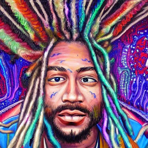 Prompt: a very high detailed painting of a psychedelic man with dreadlocks in cyberspace
