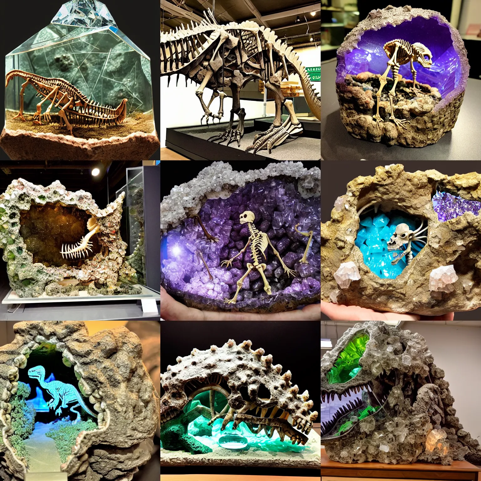 Prompt: dinosaur skeleton (dinoaur-skeleton) in a crystal geode ((in a crystal geode))