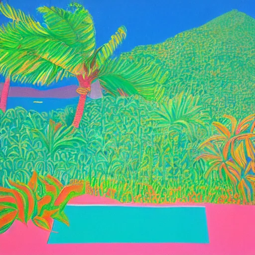 Image similar to painting of a small, tropical island in the middle of the ocean, David Hockney, colorful