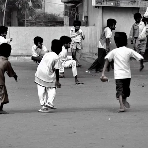 Image similar to kids in hyderabad, playing cricket on the street, early morning, photo from 1 9 9 0 s