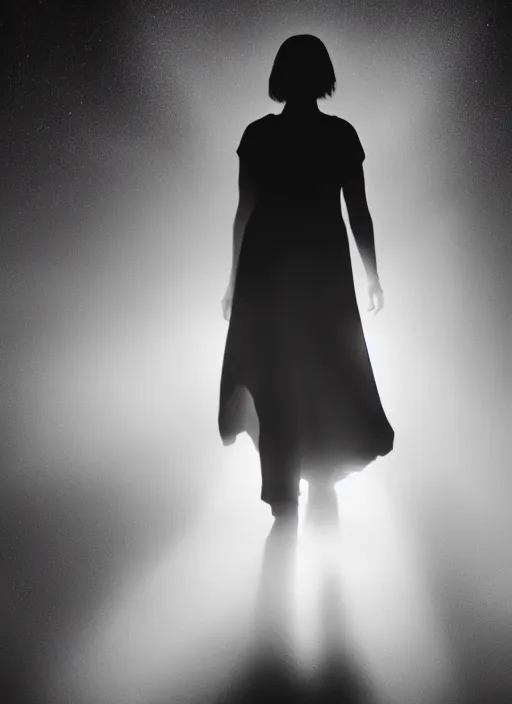 Image similar to a female silhouette walking, astral projection, white glowing aura, out of body, fog, film grain, cinematic lighting