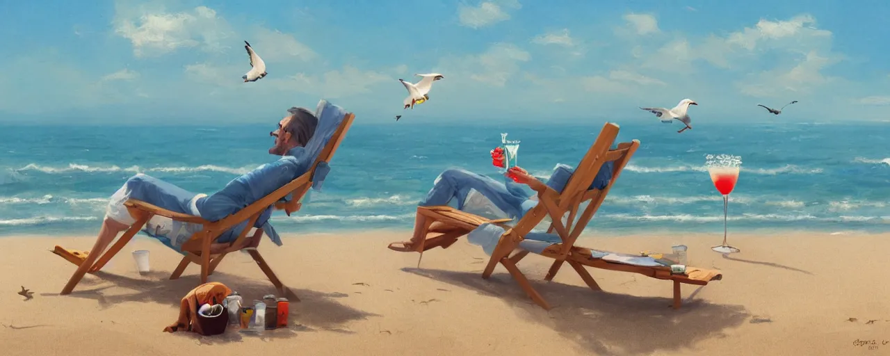 Image similar to an anthropomorphised seagull relaxing on a deck chair on the beach with a margarita in his hand, 4 k, digital illustration, artstation, greg rutkowski, concept art