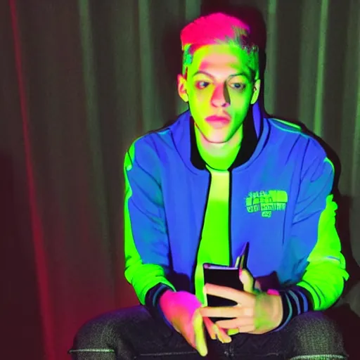 Prompt: pete davidson watching movies in the dark wearing neon clothes