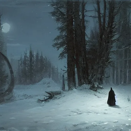 Prompt: a hooded figure carrying a torch approaches an abandoned tavern on a moonlit night, Ivan Shishkin and Greg Rutkowski